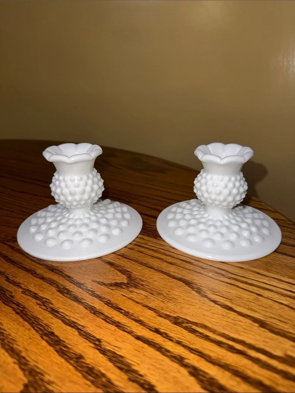 FENTON MILK GLASS HOBNAIL TAPER CANDLE HOLDERS SET OF 2